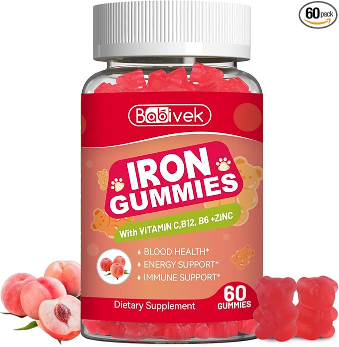 Iron Supplement Gummies for Women & Men - Iron Gummies with Folate Vitamin C B12 B6 Zinc, Peach Flavor, Vegan 60 Gummies