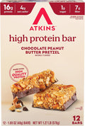 Atkins Chocolate Peanut Butter Pretzel High Protein Bar, High Fiber, 16g Protein, 1g Sugar, 4g Net Carbs, Keto Friendly, 12 Count