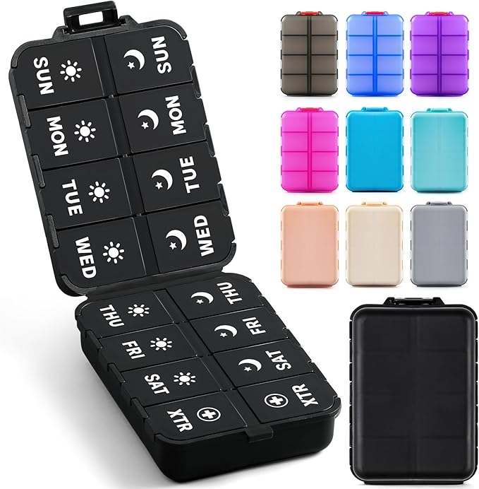 Foldable Weekly Pill Organizer 2 Times a Day with 2 Extra Compartments (Clear Printed Labels) - Portable 7 Day AM PM Medicine Box, Week Daily Travel Pill Case Holder for Vitamin, Supplement - Black