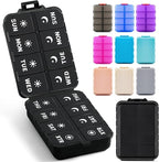Foldable Weekly Pill Organizer 2 Times a Day with 2 Extra Compartments (Clear Printed Labels) - Portable 7 Day AM PM Medicine Box, Week Daily Travel Pill Case Holder for Vitamin, Supplement - Black