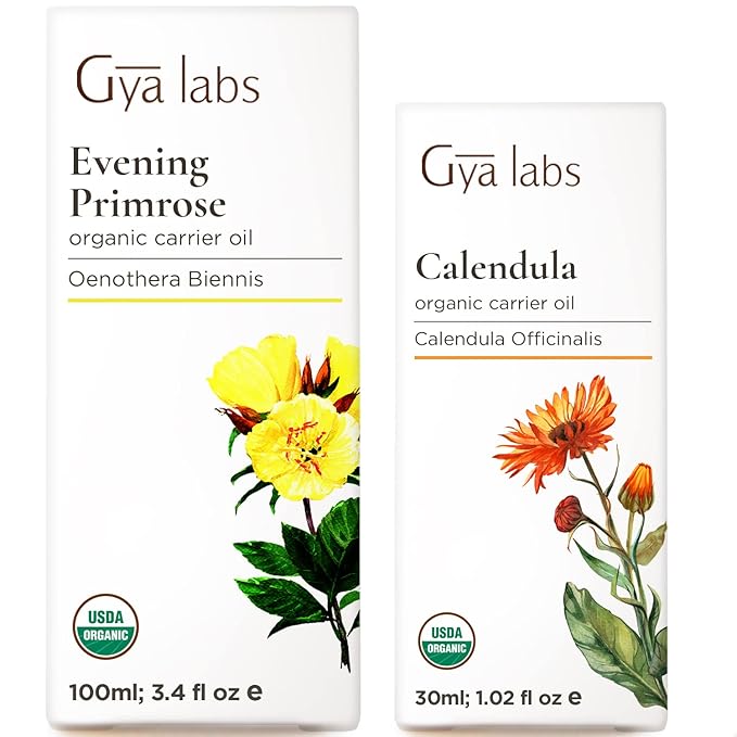 Gya Labs Organic Evening Primrose Oil for Dry Skin (3.4 fl oz) & Calendula Oil Organic for Skin (1 fl oz) Set - Aromatherapy Grade Essential Oils Set