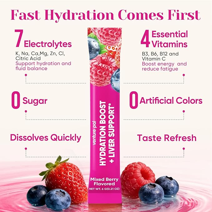Venture Pal Hydration Packets + Liver Support- Liquid Daily IV Electrolyte Powder Packets with 7 Electrolytes & 5 Vitamins, Milk Thistle + L-Theanine | Sugar-Free | Keto Friendly | Vegan, 16 Sticks