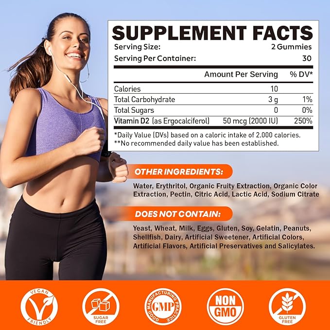 duwhot Vitamin D2 Gummies 2000 IU, Plant-Based Vitamin D Supplement from Whole Mushroom, for Bone, Muscle & Immune Support, Daily Sunshine Supply, Vegan, Non-GMO, Orange, 60 Chews