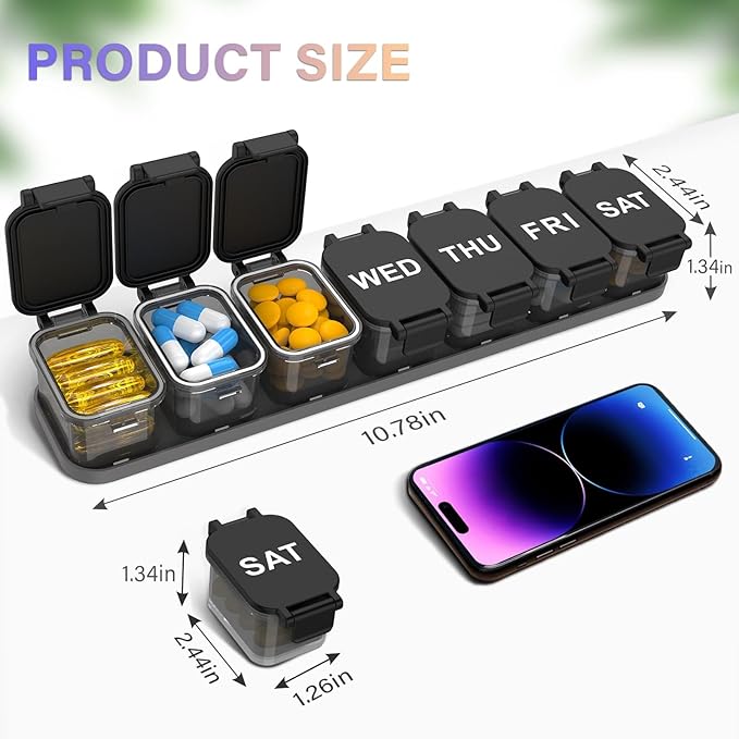 2-Pack Extra Large Weekly Pill Organizer - XL Vitamin Holder with 7 Detachable Compartments, Portable Medicine Pill Organizer for Supplements, Daily Pill Case for Home and Travel