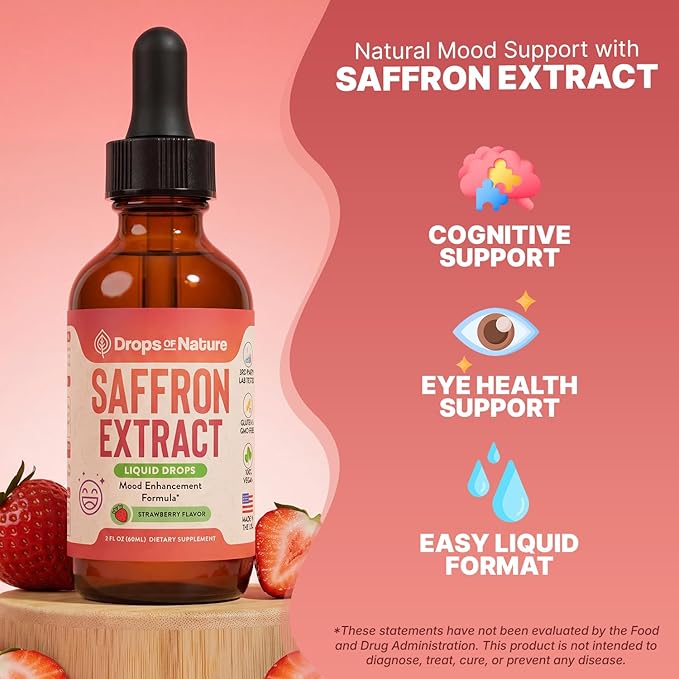Saffron Supplements for Kids & Adults – Made with Pure Saffron Extract – Vegan, Fast Absorbing – Mix with Drinks – Supports Eye Health, Emotional Balance and Antioxidant Level Boost (Strawberry, 60mL)
