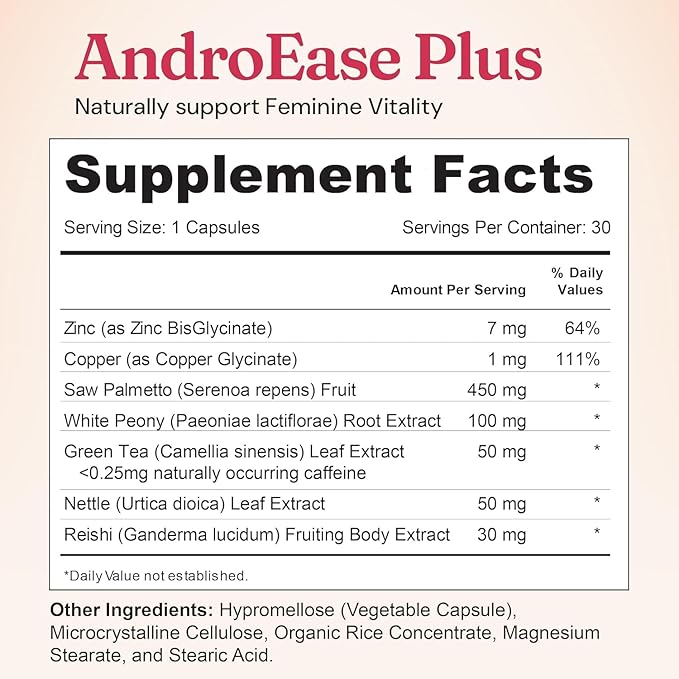 Nourished AndroEase Plus - Natural Balance Supplement for Women - Vegan Formula with Zinc & Saw Palmetto - 180 Capsules for Daily Wellness & Vitality - Made in USA