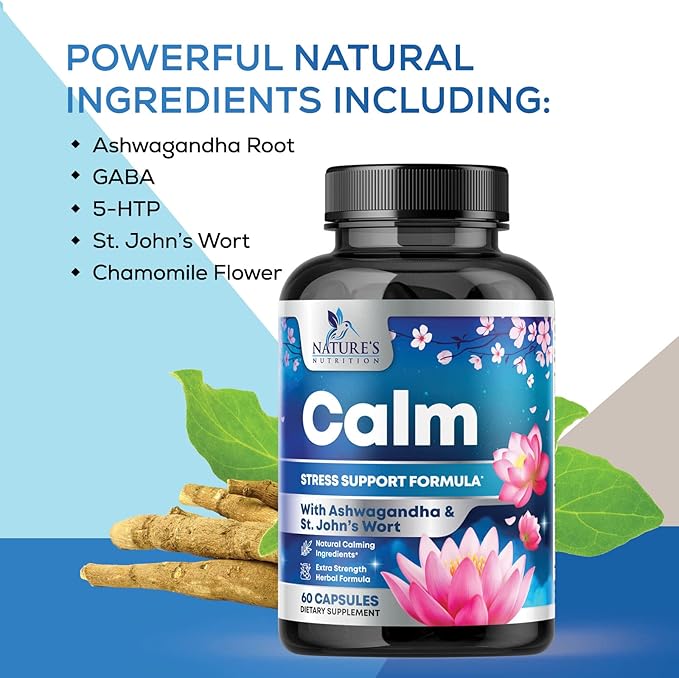 Stress Support Supplement - Extra Strength Ashwagandha, GABA, Magnesium, L-Theanine for Relief - Supports Mood & Focus - Naturally Calm, Unwind & Relax - Eases Tension & Nervousness - 60 Capsules