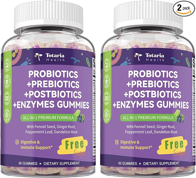 Totaria 2 PCS Sugar Free 5-in-1 Probiotic Prebiotic Postbiotic Gummy, 36 Strains Probiotics for Women Men with Digestive Enzymes, Peppermint, Complete Immune, Gut & Digestive Support, Grape Flavor