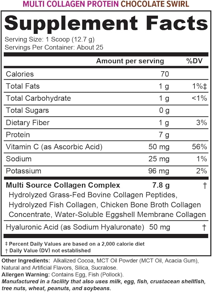 Multi Collagen Peptides Powder for Women - Hydrolyzed Chocolate Collagen Powder for Women with Types I II III V & X Vitamin C & Hyaluronic Acid for Hair Skin and Nails (Chocolate) - 25 Servings