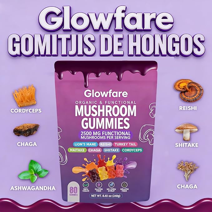 Mushroom Gummies, Organic & Functional Mushroom Gummies, Glow Fare Mushroom Gummies, Supplement for ImmuneDefense, Immune, Boosts Cognitive Performance and Energy, 80 Gummies (1PCS)