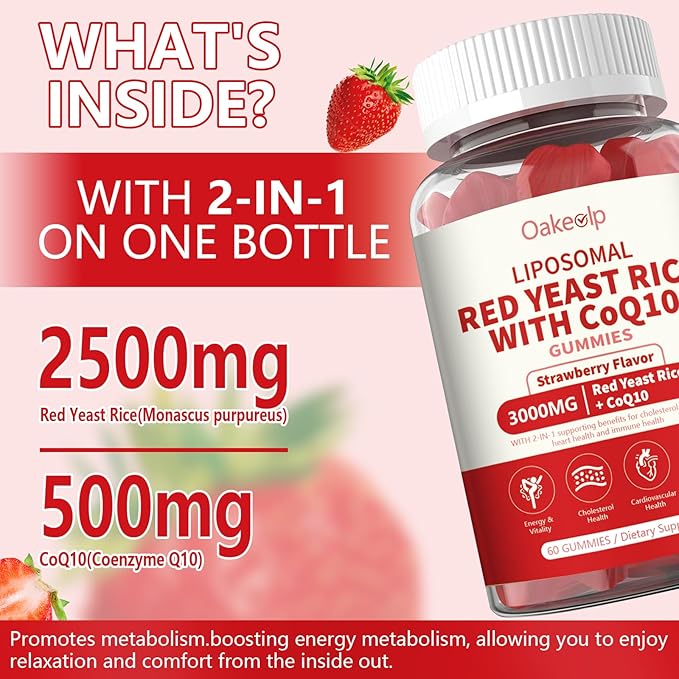 30 Day Supply Liposomal Red Yeast Rice with Coq 10 3000mg Gummies,Organic Red Yeast Rice Cholesterol Lowering Supplements, Enhanced with Coq 10 for Heart Support,Liposomal Enhance 98% Absorption