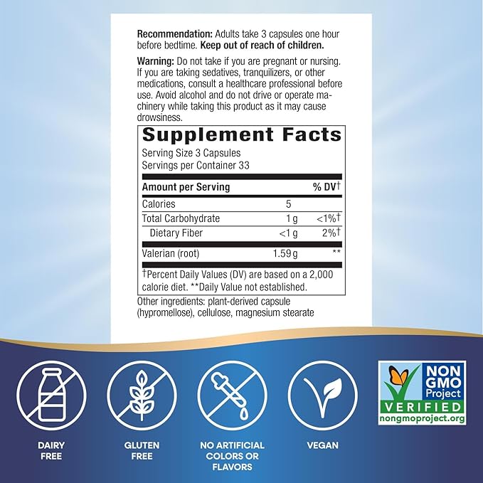 Nature's Way Valerian Root, Traditional Sleep Support*, Non-GMO Project Verified, Gluten Free, Vegan, 100 Capsules (Packaging May Vary)
