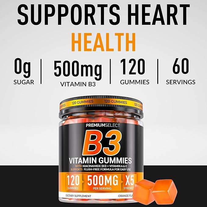 Vitamin B3 Gummies Niacinamide 500mg – Flush-Free Niacin Supplement with Vitamins A & E – 120 Vegan Gummies for Adults – Non-GMO, Sugar-Free, Gluten-Free – 2-Month Supply