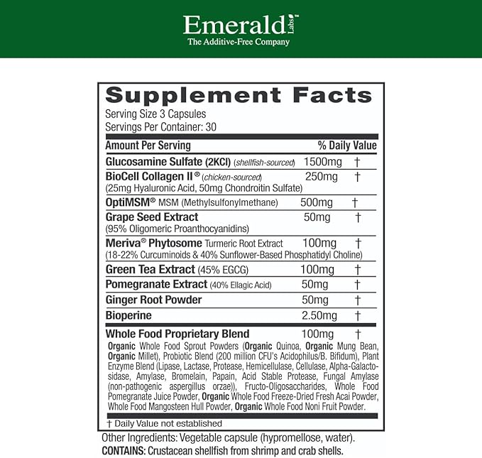 EMERALD LABS Joint Health - Biocell II Collagen, OptiMSM, Glucosamine, Meriva Turmeric Curcuminoids & More - Joint Health, Mobility & Flexibility Support* - 90 Vegetable Capsules (30-Day Supply)