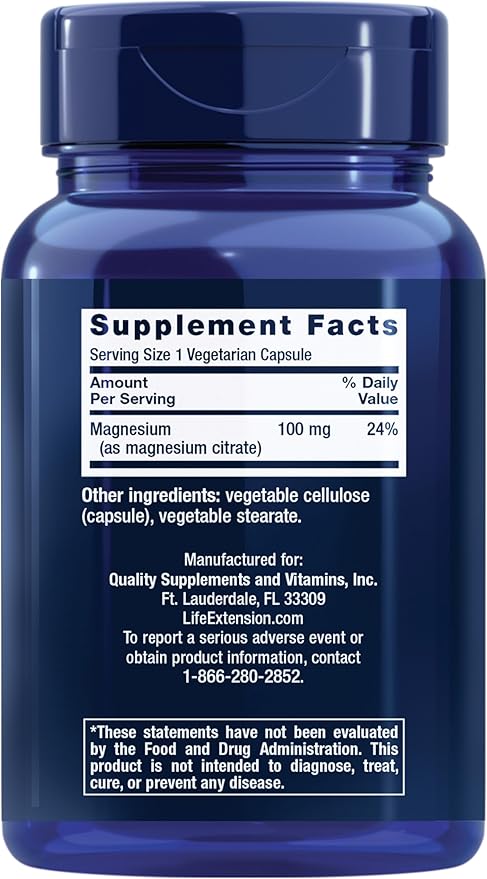 Life Extension Magnesium Citrate 100 mg Vegetarian Capsules, Blue, 100 Count