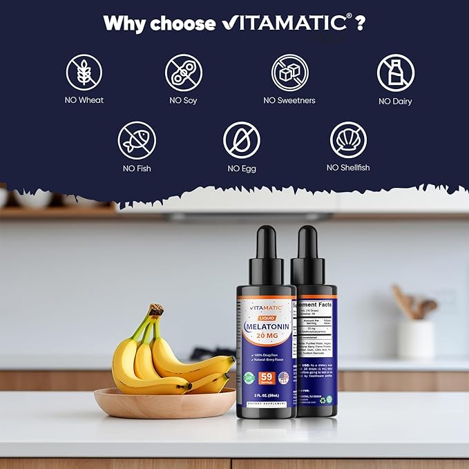 Vitamatic 2-Pack Melatonin 20mg Liquid Drops - 2 fl oz (59 ml) Each - Natural Berry Flavor - Non-GMO, Vegetarian Supplement for Adults