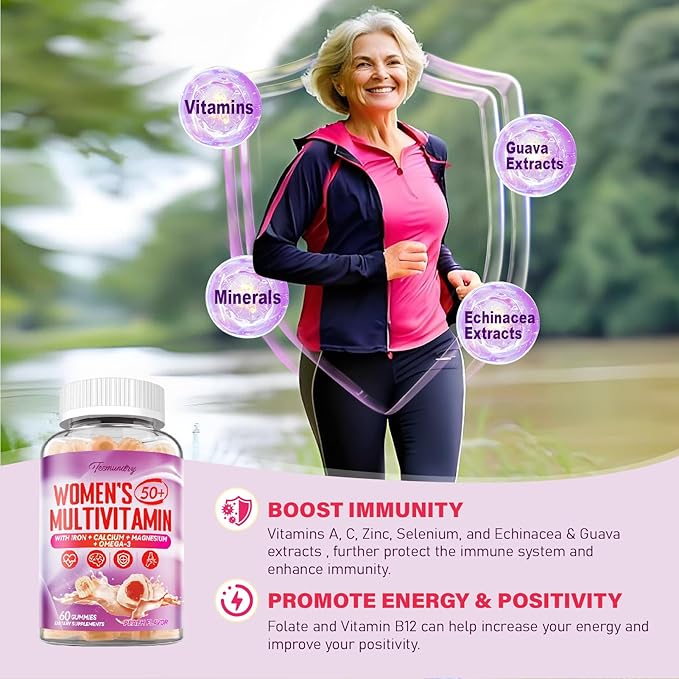 Multivitamin Gummies for Women 50 Plus - with Omega 3, Coenzyme Q10, Iron, Calcium, Zinc, Vitamin A, C, D3, E, K2, B Complex, Folate - Multi Vitamins & Minerals for Energy, Beauty, Immune, Sugar Free