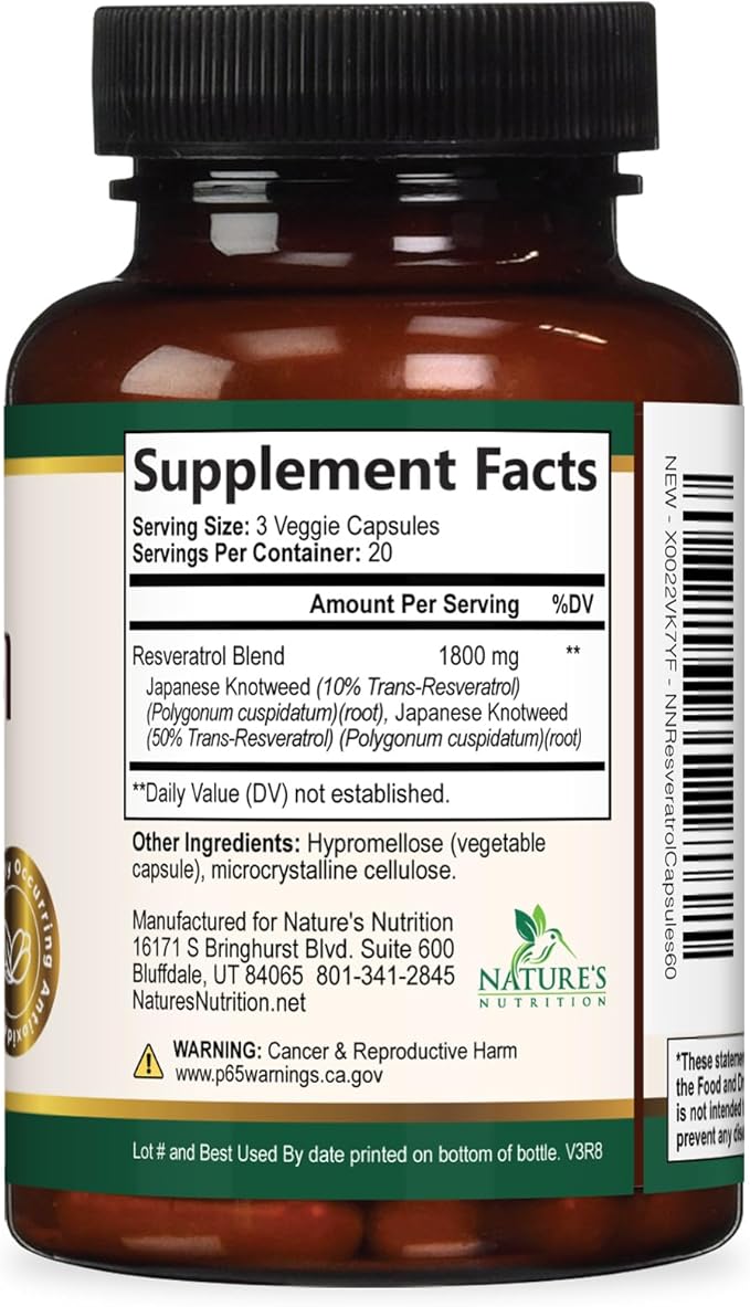 Resveratrol Supplement - 1800mg Per Serving Extra Strength Resveratrol Blend - Antioxidant Blend for Healthy Aging, Heart Health, Cellular Energy & Immune Support - Bottled in USA - 60 Capsules