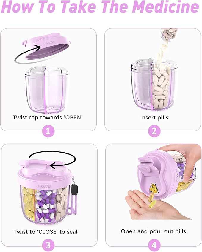 Pill Organizer,Pill Dispenser with 7 Large Compartments,Portable Pill Box for Travel, Anti-Mix Design & Wide Opening Design, Easy Access to Vitamin Dispenser, Includes 20 Blank Stickers(Purple)