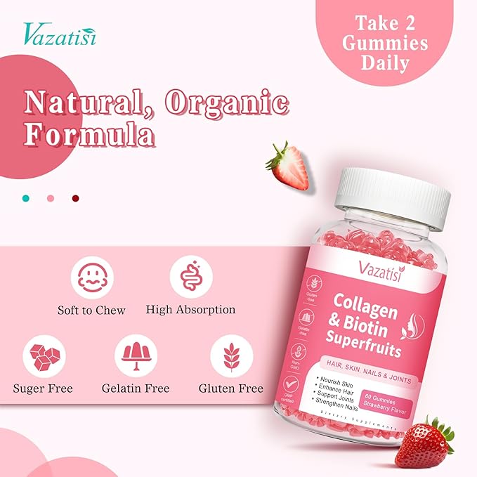 Sugar Free Collagen Gummies for Women Men, Multi Collagen Peptides Gummies Type I II III V X with Biotin Vitamin A B C D E for Hair Skin Nails, Strawberry Flavor, 60 Count