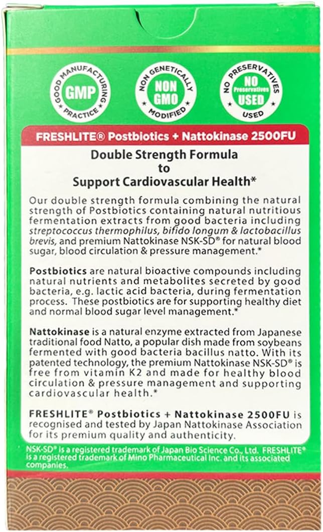 FRESHLITE 2500FU Premium NSK-SD Nattokinase & Vegan Postbiotics for Cardiovascular Support | Blood Pressure, Cholesterol & Heart Health | JNKA Certified | Non-GMO, Gluten-Free, 60 Capsules Japan Made