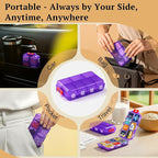 Travel Pill Organizer with Bulk Stickers & Labels - Small & Portable Daily Medicine Pharmacy for Pocket, Bag - 14-Compartment Foldable Supplement Box Holder for Fish Oil Vitamin - Clear Purple