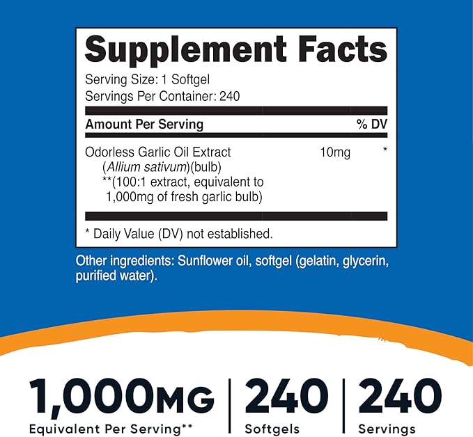 Nutricost Garlic 1000mg, 240 Softgels (3 Bottles) - Odorless, Premium Gluten Free Supplement