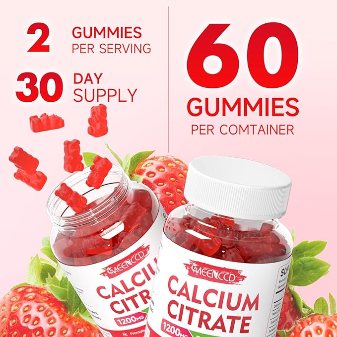 Calcium Citrate Gummies 1200mg - Chewable Calcium Supplement for Women & Men, Supports Bone & Muscle Health, Vegan, Strawberry Flavor, 60 Count