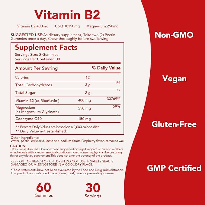 Vitamin B2 Gummies 400mg | Riboflavin 400mg with CoQ10 150mg, Magnesium 200mg | B2 Vitamin 400mg for Kids & Adults, Nervous System & Skin Health | 60 Vegan Chewables（Pack 2