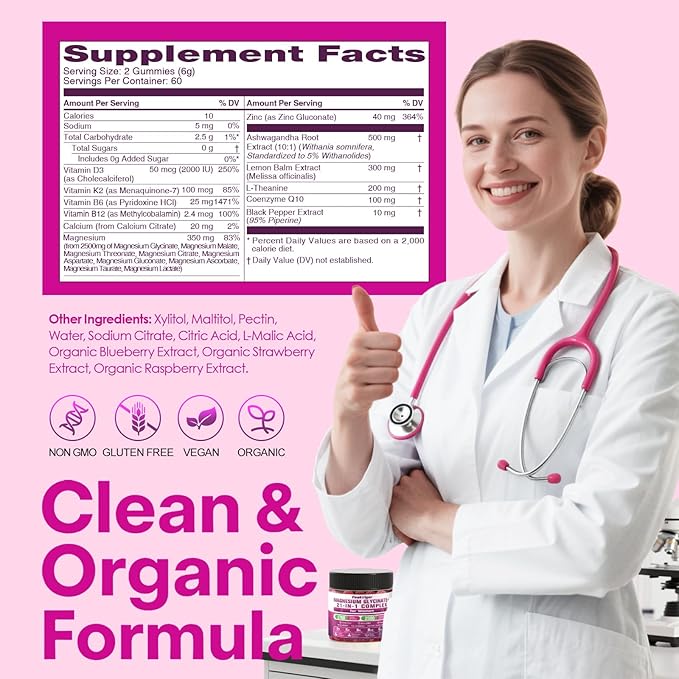 21 in 1 Magnesium Glycinate Gummy for Women with D3, K2, B6, B12, L-Theanine & Ashwagandha, 2500mg Magnesium Complex, Sleep Support, Vegan, Non-GMO,Third-Party Tested (60-Day Supply)