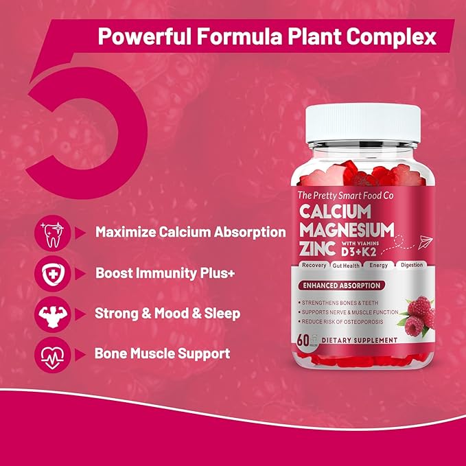 Calcium Magnesium Zinc Gummies with Vitamin D3 & K2 for Bone, Muscle & Immune Support - High Potency Enhanced Absorption - 60 Raspberry Gummies