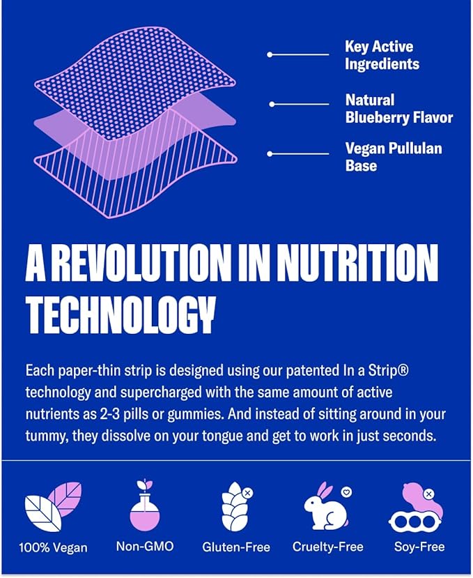 NuStrips™ Fast-Dissolving Sleep Strips with 5mg Melatonin, Valerian Root, L-Theanine & Vitamin B6 – Blueberry Flavor - Natural Sleep Aid, Vegan, Non-GMO, Gluten Free – Fall Asleep Fast (3 Strips)
