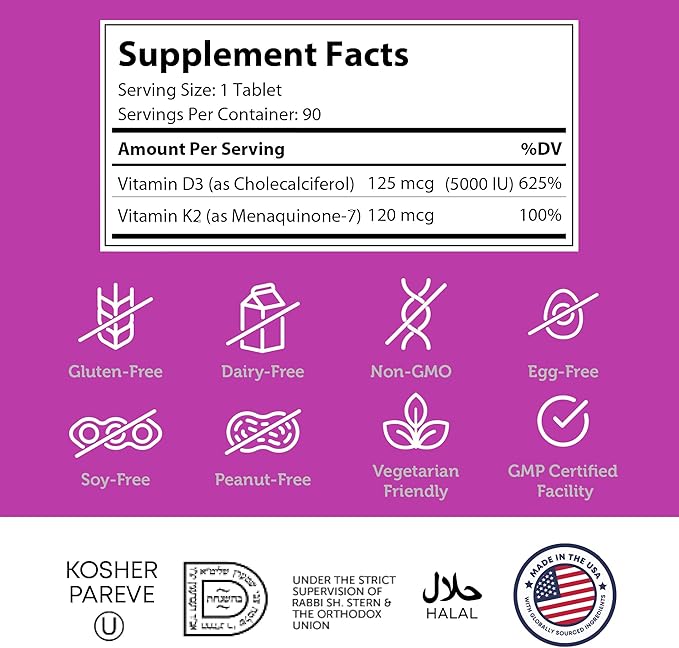Zahler - Vitamin D3 & K2 Chewable Supplement (90 Count) - Certified Kosher K2 D3 Vitamin 5000 IU Delicious Chew Tablet - Vitamin D & K2 for Calcium Absorption, Bone Density & Immune Support