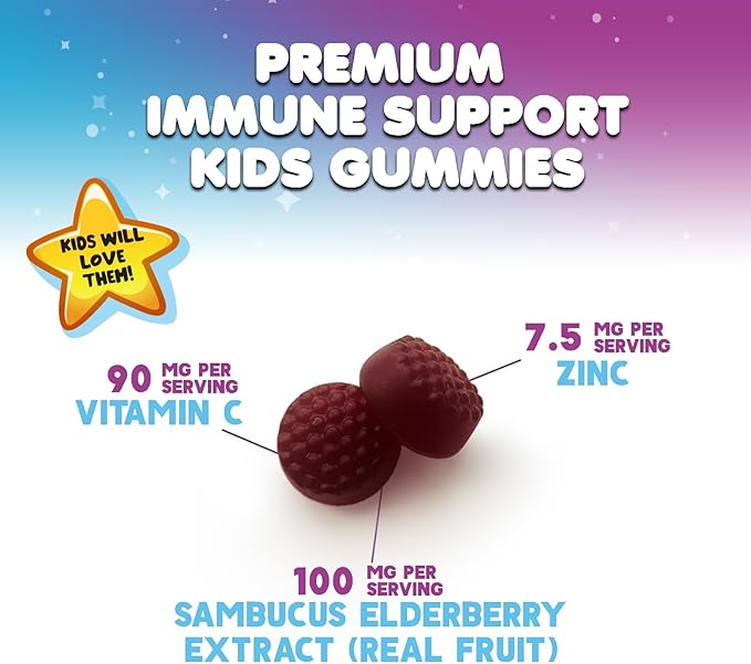 Kids Immune Support Elderberry Gummies - Daily Children's Vitamins C, Zinc & Kids Support Gummy - Nature's Sambucus Elderberry Supplement, Vegan, Gluten-Free, Tasty Berry Flavor - 120 Gummies