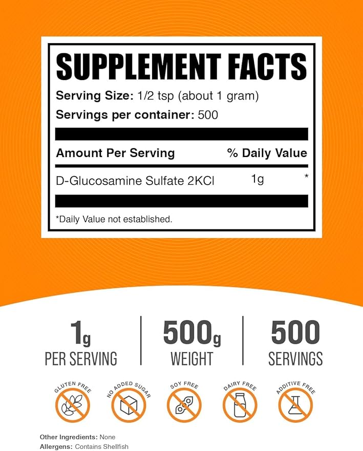 BulkSupplements.com Glucosamine Sulfate Powder - Glucosamine Supplement, Joint Support Supplement - Gluten Free, 1g per Serving, 500g (1.1 lbs) (Pack of 1)