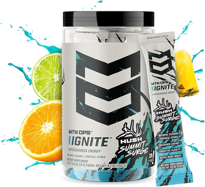 MTN OPS Ignite Sugar Free Energy Drink Powder Trail Packs with 200mg Caffeine, Travel Pre Workout Packets for to-Go Energy, Nootropic Blend, L Arginine & L Citrulline, 20 Servings, Hush Summit Surge