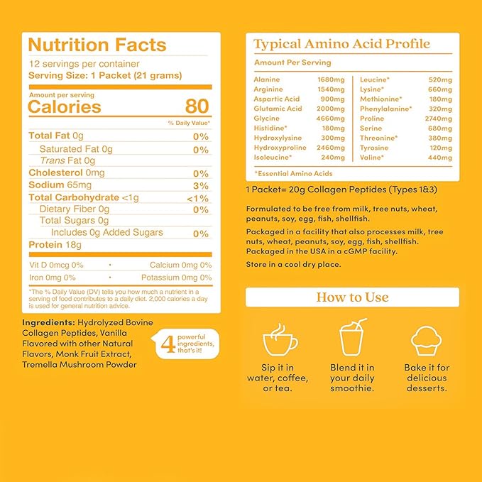 Further Food Vanilla Collagen Peptides Powder with Tremella Mushroom – 100% Grass-Fed, Hydrolyzed Type 1 & 3, 20g of Collagen per Serving, Supports Skin, Hair, Nails & Joints, Stick Packs, 8.89 Oz