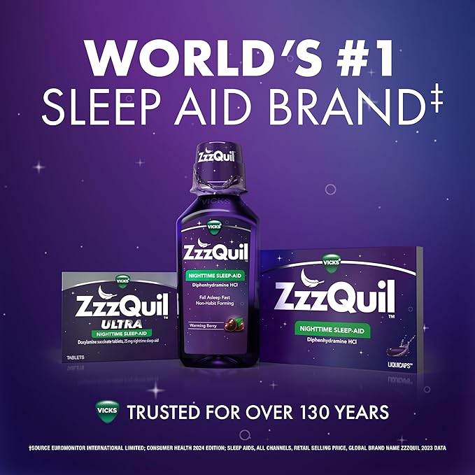 ZzzQuil Liquid Sleep Aid, Diphenhydramine 50mg HCI, Free & Clear, Free of Alcohol and Artificial Dyes, Nighttime Sleep Aid Liquid, Non-Habit Forming, Strawberry Flavored, 2 Pack, 24 FL OZ