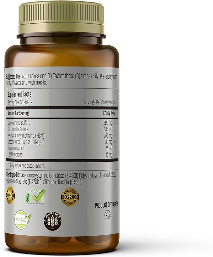 TALYA Glucosamine Supplement 1500 mg - 1 Month Supply - with Chondroitin, MSM, Collagen, Hyaluronic Acid - Non-GMO, 60 Tablets - Supports Joint Mobility and Comfort