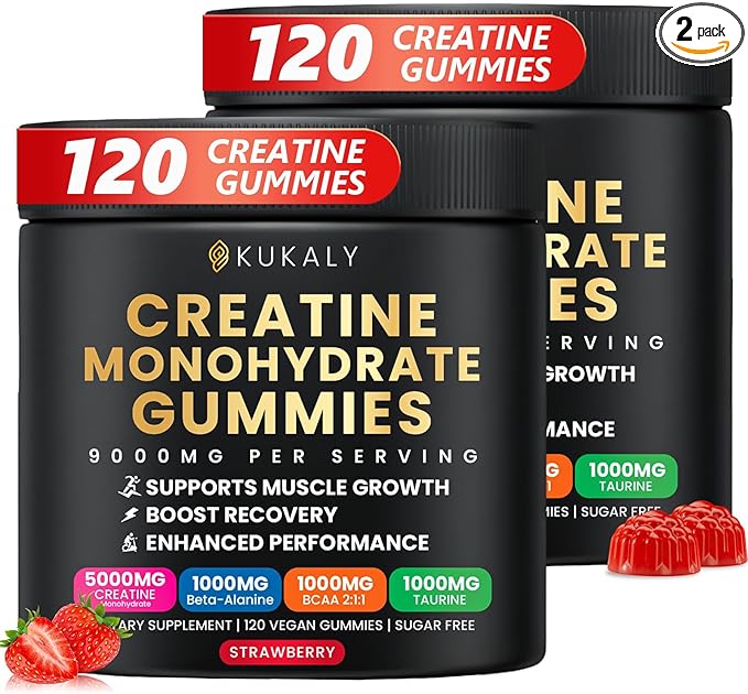 KUKALY Creatine Monohydrate Gummies for Men & Women, 9000MG Creatine Gummies Sugar Free with L-Taurine, BCAA 2:1, B12 B6 for Boost Strength, Focus & Endurance, Vegan, Non-GMO, Strawberry 120*2 Bottle