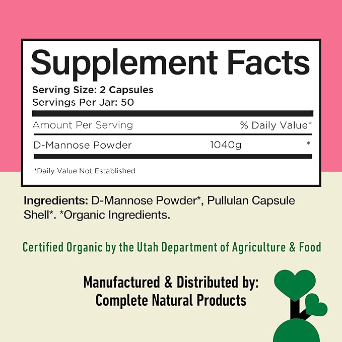 D Mannose 520mg Capsules - Organic D Mannose Supplement for UTI Support, Urinary Tract Bladder Health Pills, Plant Based Formula, Vegan Non GMO, No Fillers, 100 Capsule Count Made USA Certified Kosher