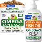 BARK&SPARK Omega 3 + Fish Oil for Dogs - Skin Allergy Chews, Itch Relief, Hot Spots Treatment - Fish Oil Liquid Supplement for Pets, EPA+DHA Fatty Acids, Skin & Coat Support - Bundle: 180 Ct + 16 Oz