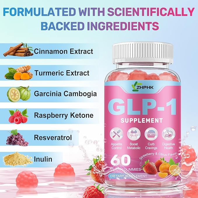 ZHPHK GLP-1 Support Gummies, Sugar-Free with Berberine, Cinnamon, Turmeric, Raspberry Ketone, Resveratrol, Appetite & Craving Control, Metabolism Digestion & Gut, No Stomach, 60 Count