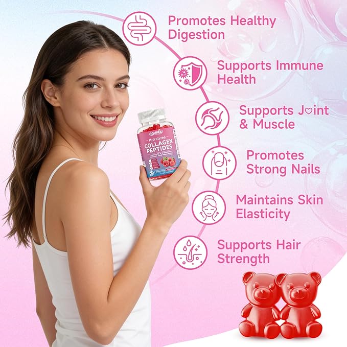 Collagen Peptide Gummies for Women & Men, Collagen Protein Type I,II,III,V,X with Biotin Vitamin C, D, Hydrolyzed Collagen Supplement for Skin, Hair, Nails, Raspberry Flavor, 60 Count