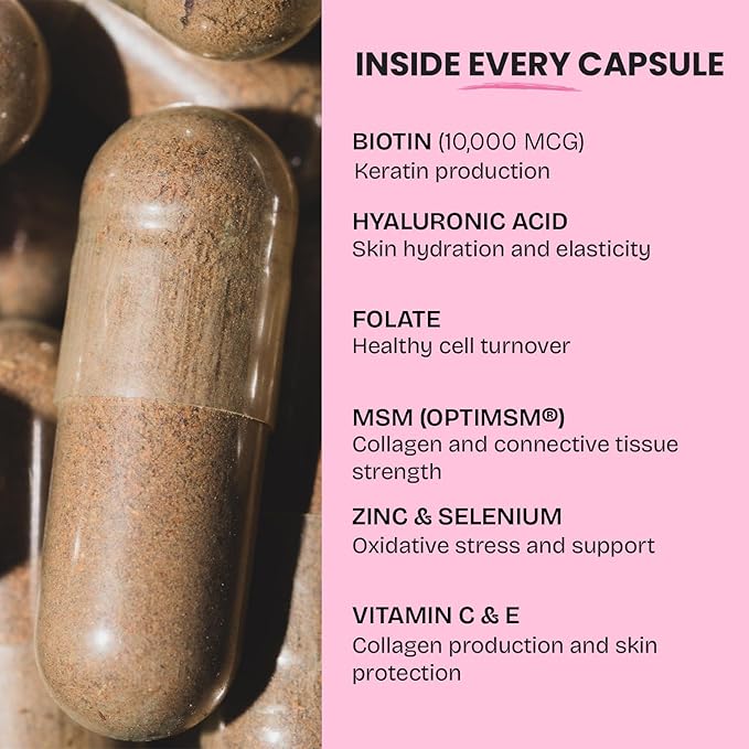 GOBIOTIX Hair Skin and Nails Vitamin Supplement - 10000mcg Biotin Pills with Hyaluronic Acid, Folate, Iron, Magnesium, and Zinc - Collagen Production, Hair Growth - 60 Servings