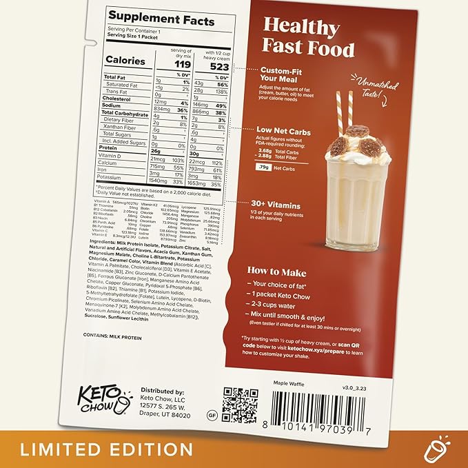 Keto Chow Maple Waffle | Keto Meal Replacement Shake Powder | Nutritionally Complete Keto Food | Low Carb Keto Meals | Delicious Easy Meal Substitute Drink | Protein Rich You Choose The Fat | Single Meal Sample