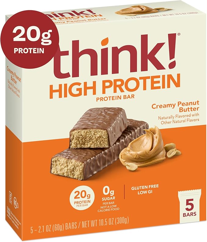 think! Protein Bars, High Protein Snacks, Gluten Free, Kosher Friendly, Creamy Peanut Butter, Nutrition Bars, 2.1 Oz per Bar, 30 Count (Packaging May Vary)