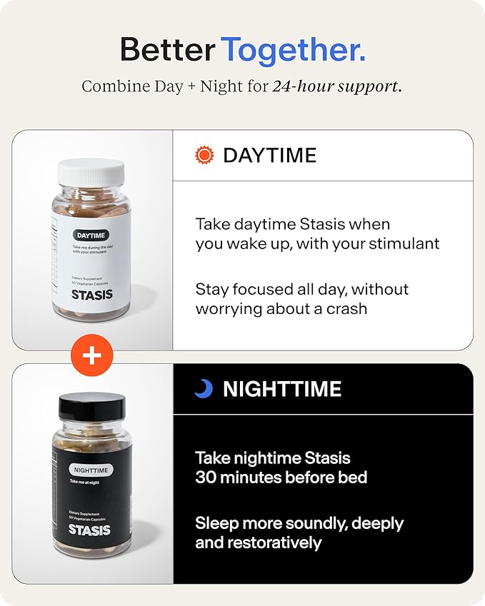 Stasis Day & Night Supplement Set for Men & Women with L Theanine, Ashwagandha, Magnesium, Melatonin & CoQ10, Energy & Focus Support Capsules, Vegan, 50 Servings, 25 Day & 25 Night, 1 Month Supply