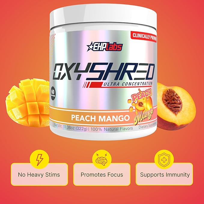 EHP Labs OxyShred Pre Workout Powder - Preworkout Powder with L Glutamine & Acetyl L Carnitine, Energy Boost Drink - Peach Mango, 60 Servings