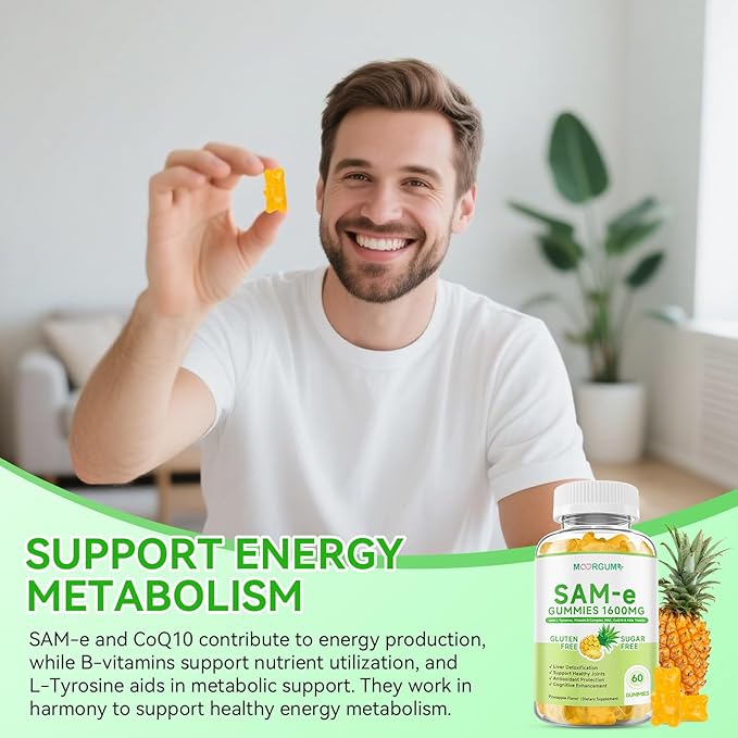 SAM-e L-Tyrosine Gummies with NAC, CoQ10 & Vitamin B Complex, 1600mg SAM-e, 1500mg L-Tyrosine Supplement for Energy, Cellular Antioxidant Support, Emotional Well-Being Support, 60 Count